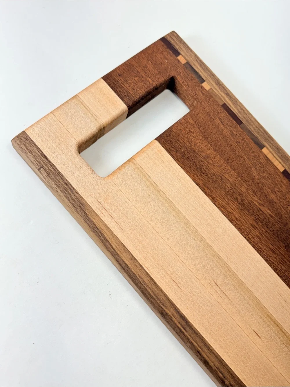Wood Serving or Cutting Board with Built-In Handle Muilti Tone Wood Inlay